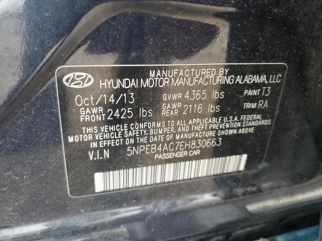 2014 Hyundai Sonata Gls VIN: 5NPEB4AC7EH830663 Lot: 81050635