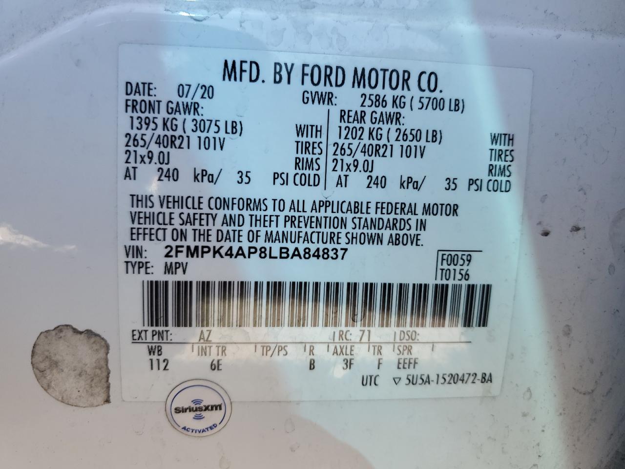2020 Ford Edge St VIN: 2FMPK4AP8LBA84837 Lot: 80324705