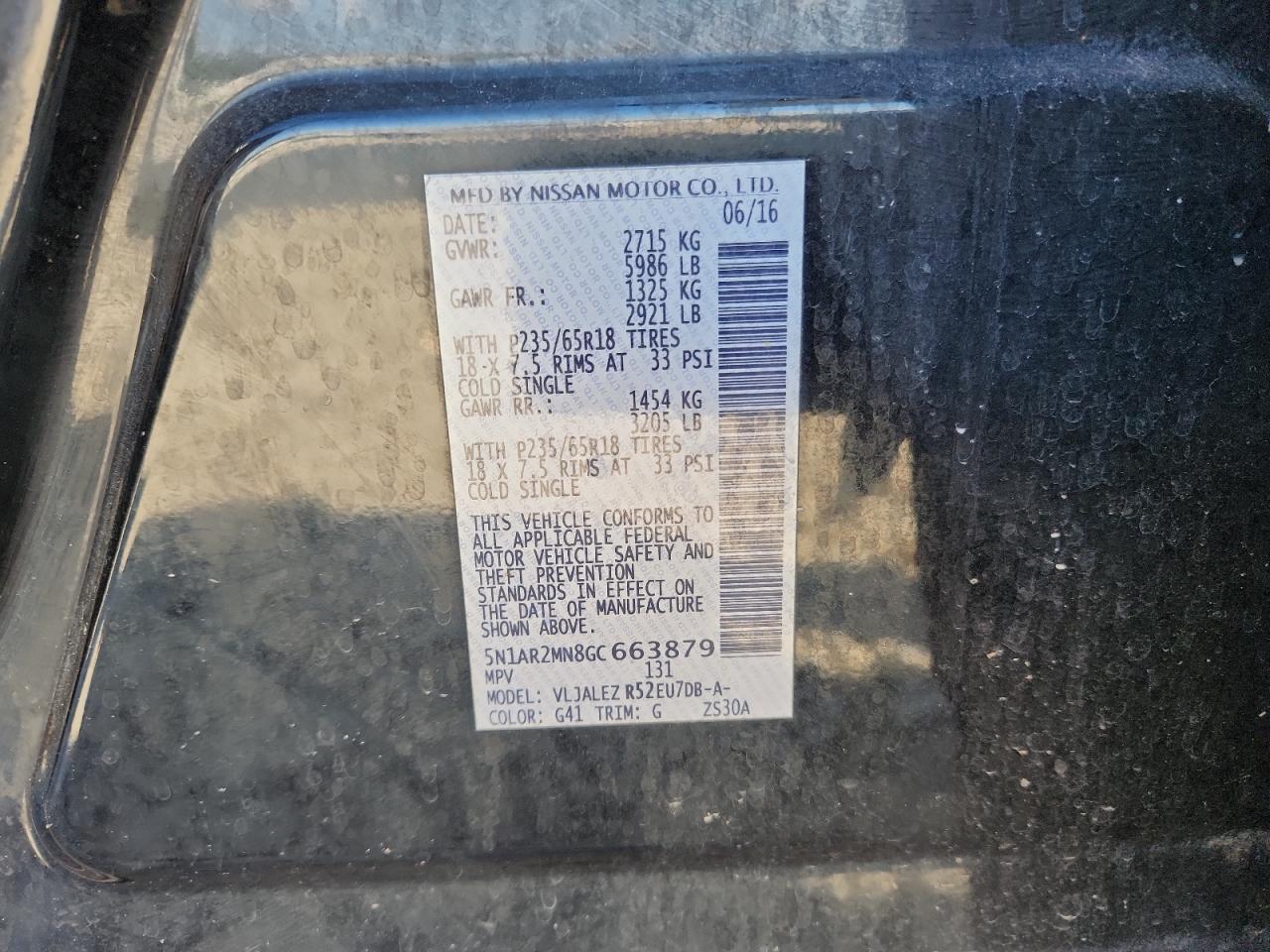 2016 Nissan Pathfinder S VIN: 5N1AR2MN8GC663879 Lot: 70661125