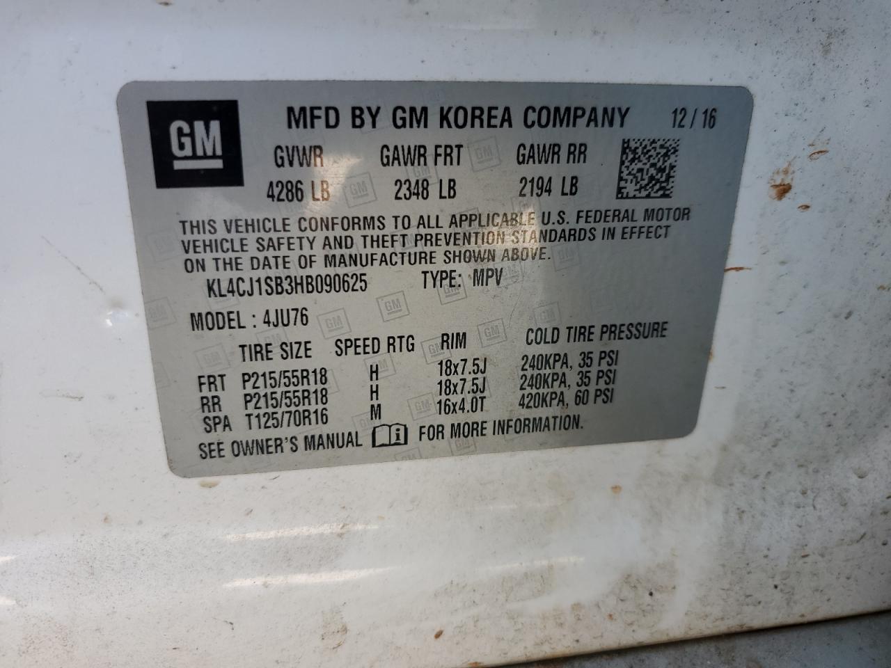 2017 Buick Encore Sport Touring VIN: KL4CJ1SB3HB090625 Lot: 80312925