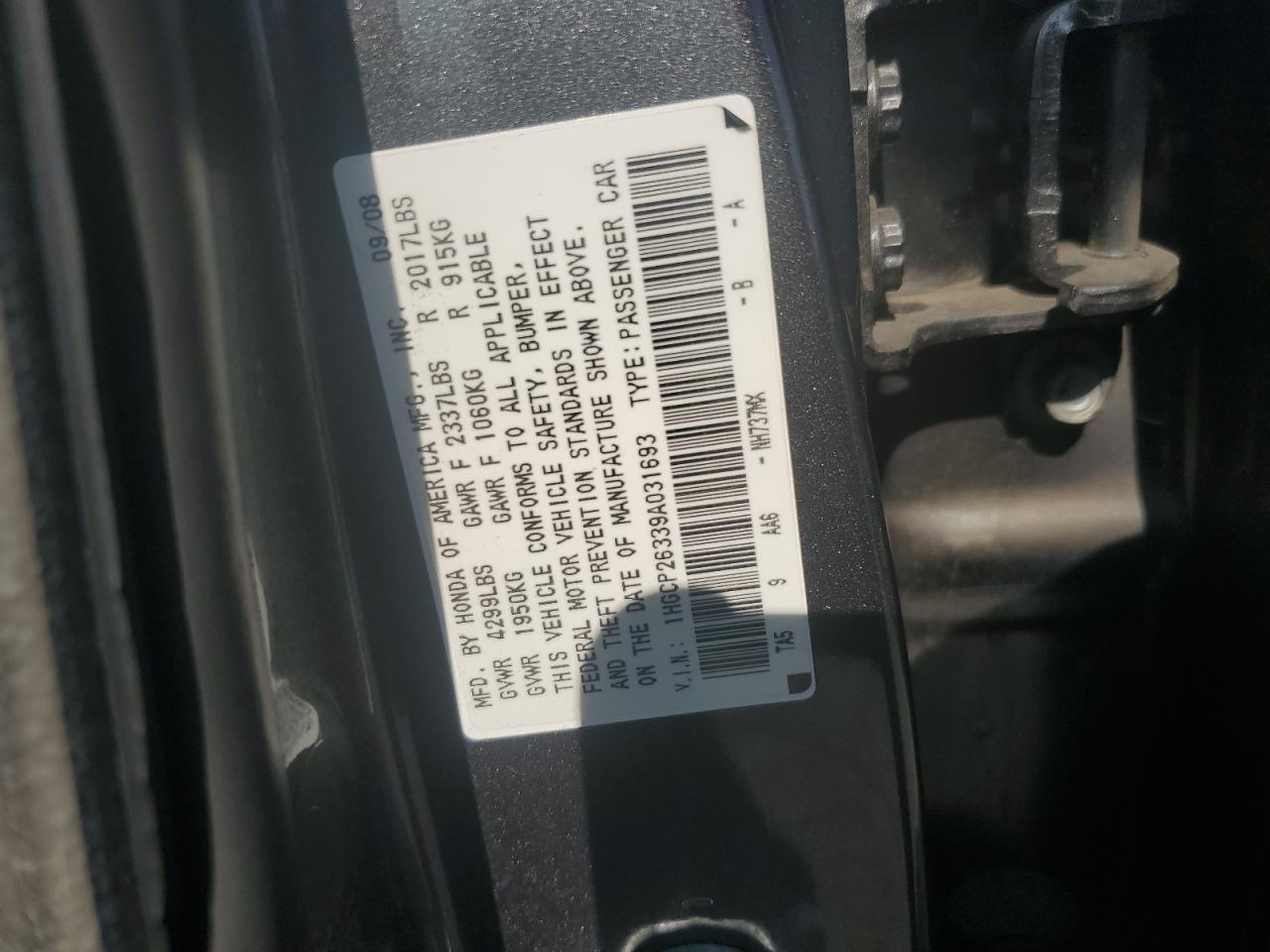 2009 Honda Accord Lx VIN: 1HGCP26339A031693 Lot: 80560565