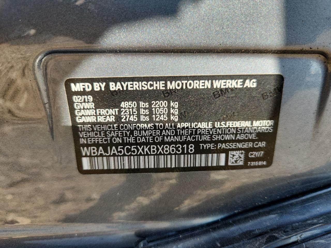 2019 BMW 530 I VIN: WBAJA5C5XKBX86318 Lot: 80831635