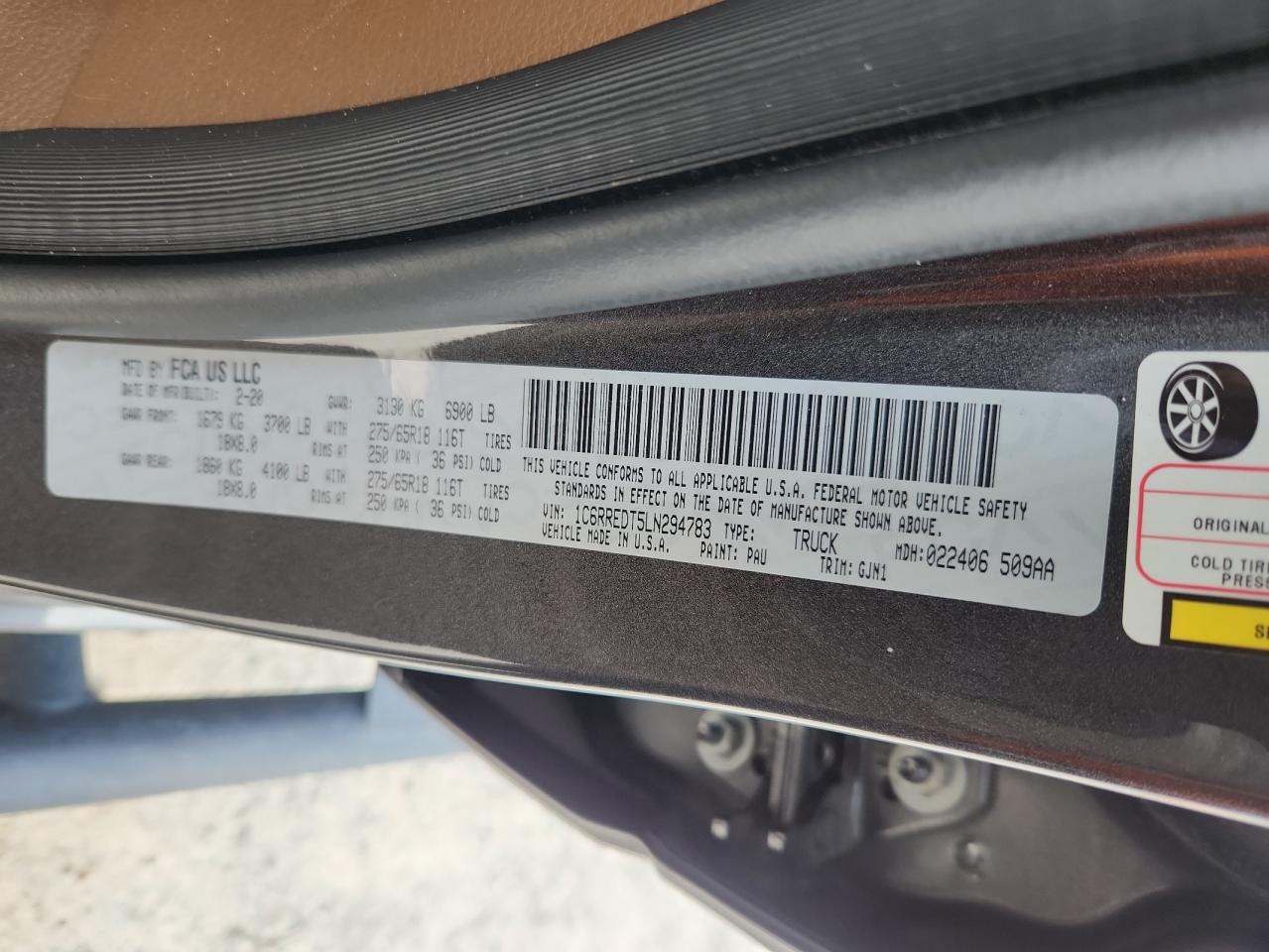 2020 Ram 1500 Laramie VIN: 1C6RREDT5LN294783 Lot: 81065665