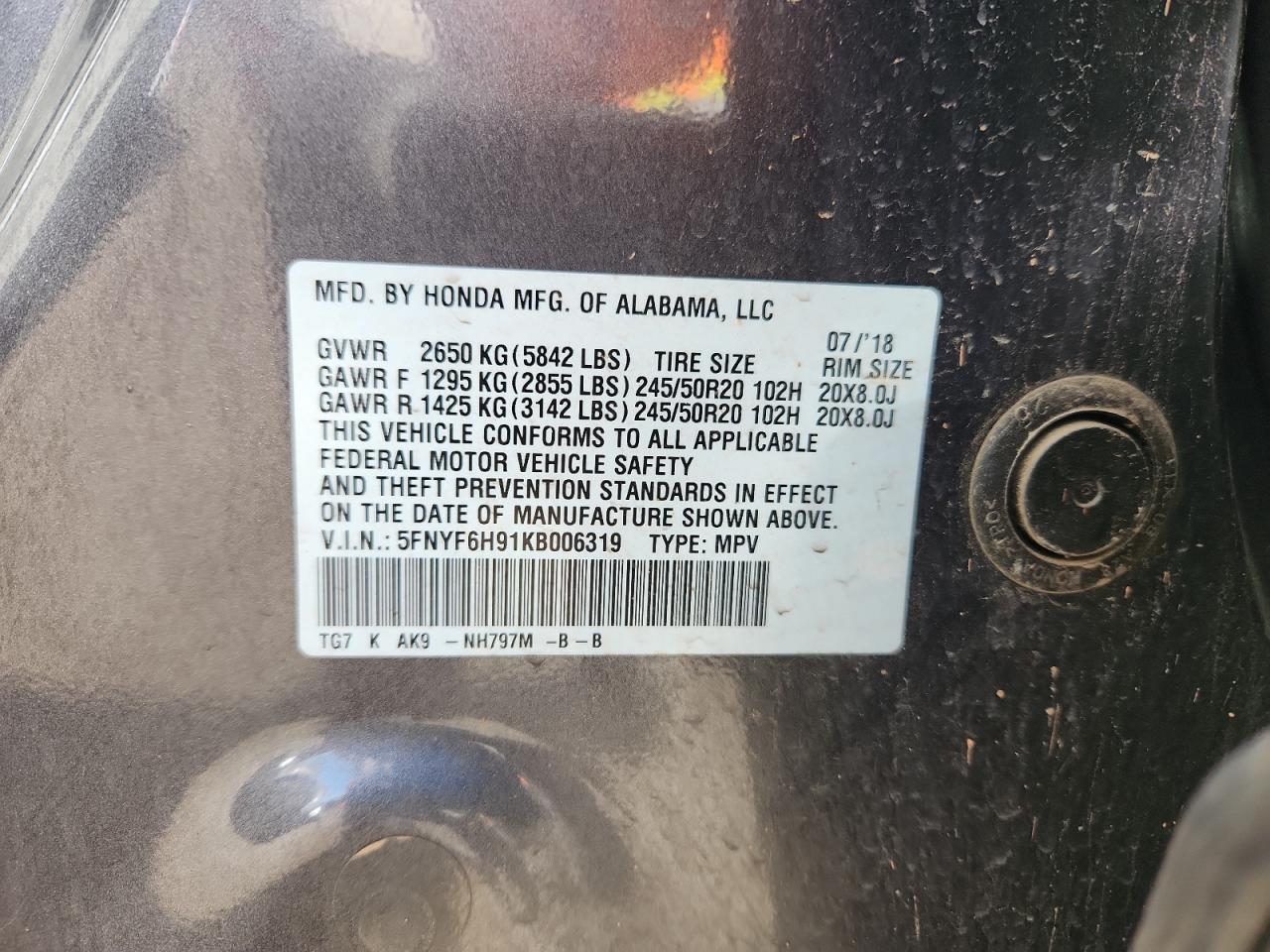 2019 Honda Pilot Touring VIN: 5FNYF6H91KB006319 Lot: 80349585