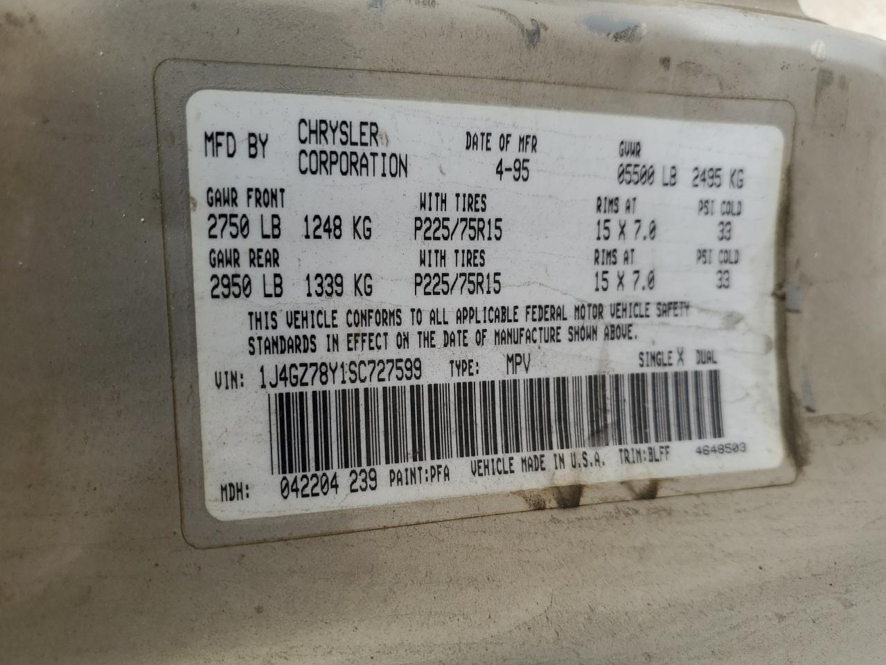 1995 Jeep Grand Cherokee Limited VIN: 1J4GZ78Y1SC727599 Lot: 81792485