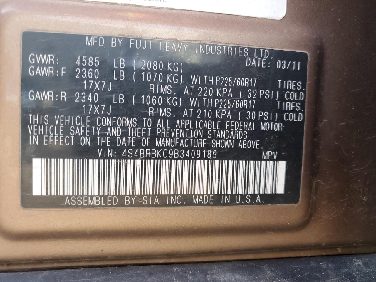 2011 Subaru Outback 2.5I Limited VIN: 4S4BRBKC9B3409189 Lot: 71641105