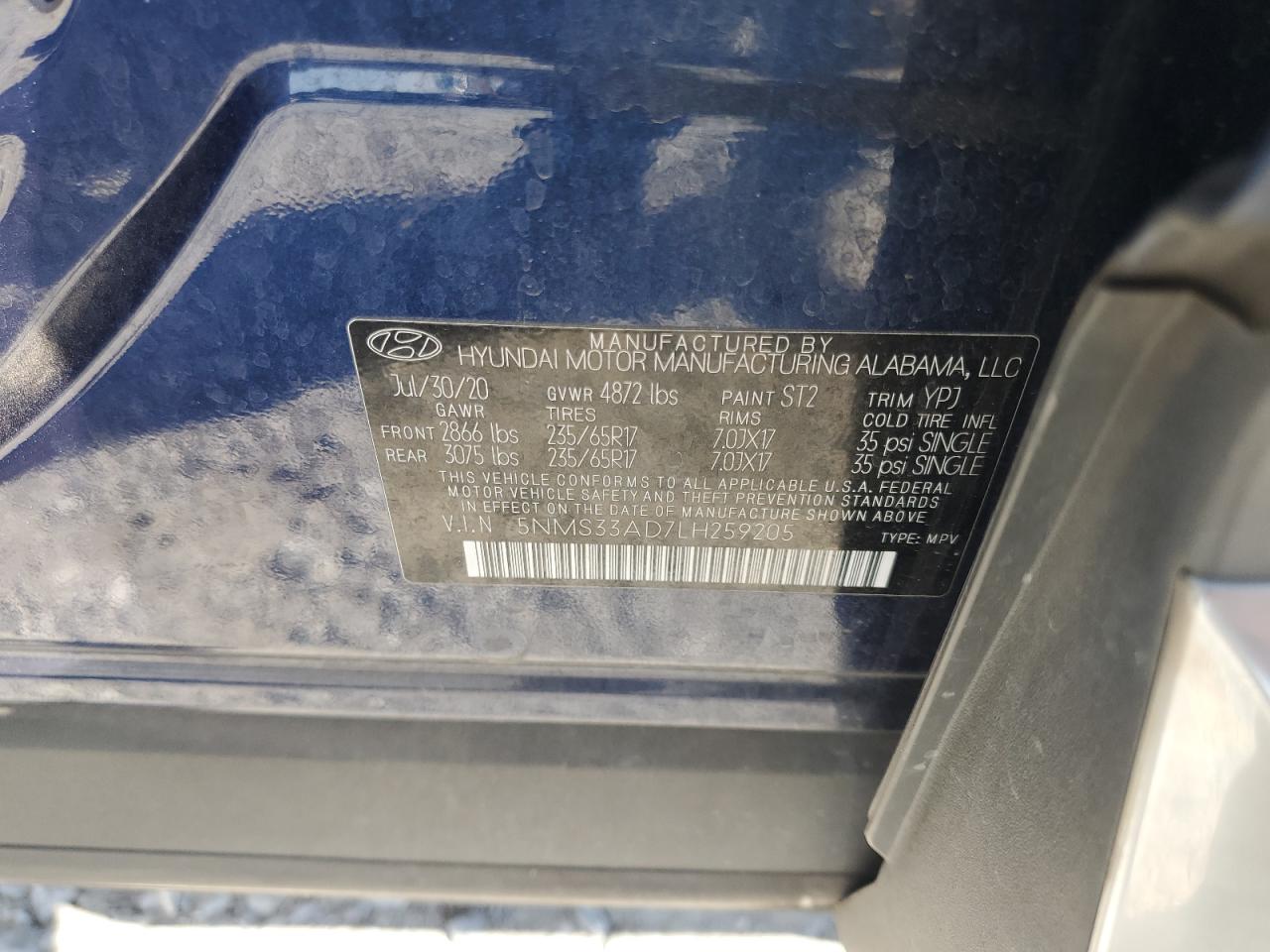 2020 Hyundai Santa Fe Sel VIN: 5NMS33AD7LH259205 Lot: 81297225