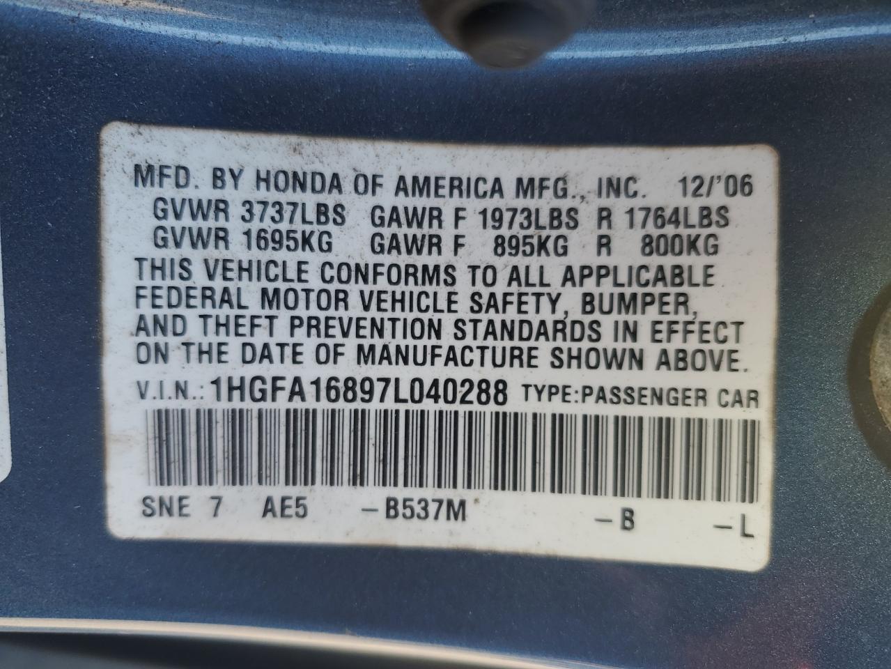 2007 Honda Civic Ex VIN: 1HGFA16897L040288 Lot: 71102605