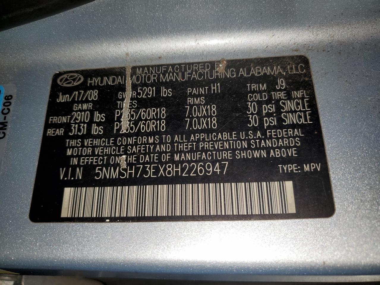 2008 Hyundai Santa Fe Se VIN: 5NMSH73EX8H226947 Lot: 83864705