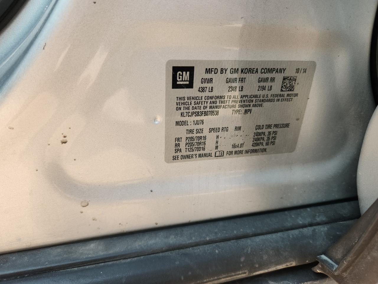 2015 Chevrolet Trax 1Ls VIN: KL7CJPSB3FB070538 Lot: 71935885