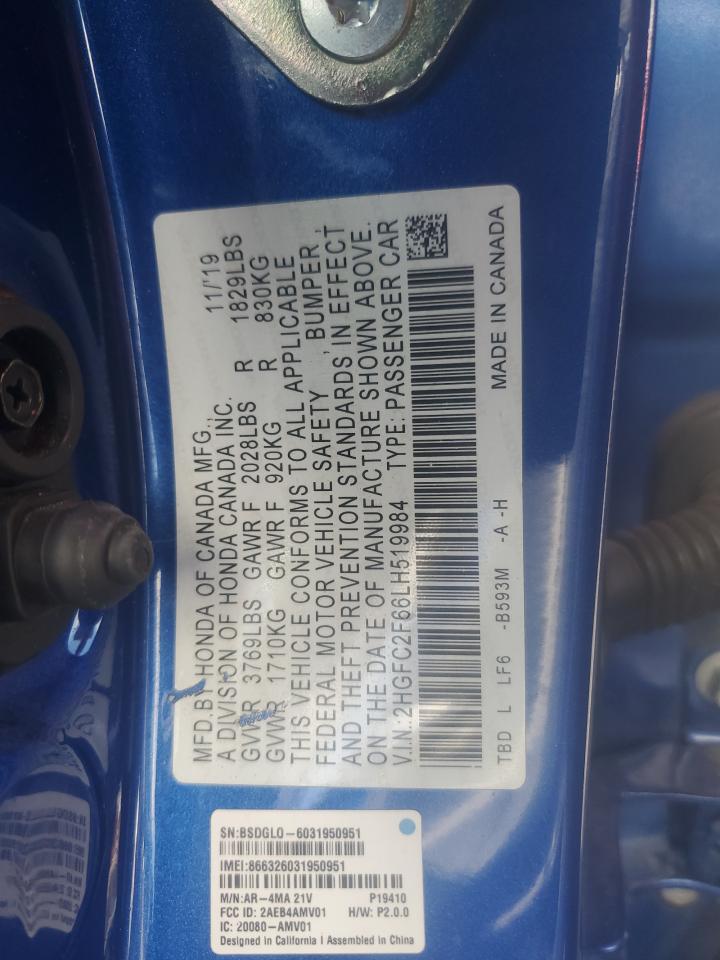 2020 Honda Civic Lx VIN: 2HGFC2F66LH519984 Lot: 81718495