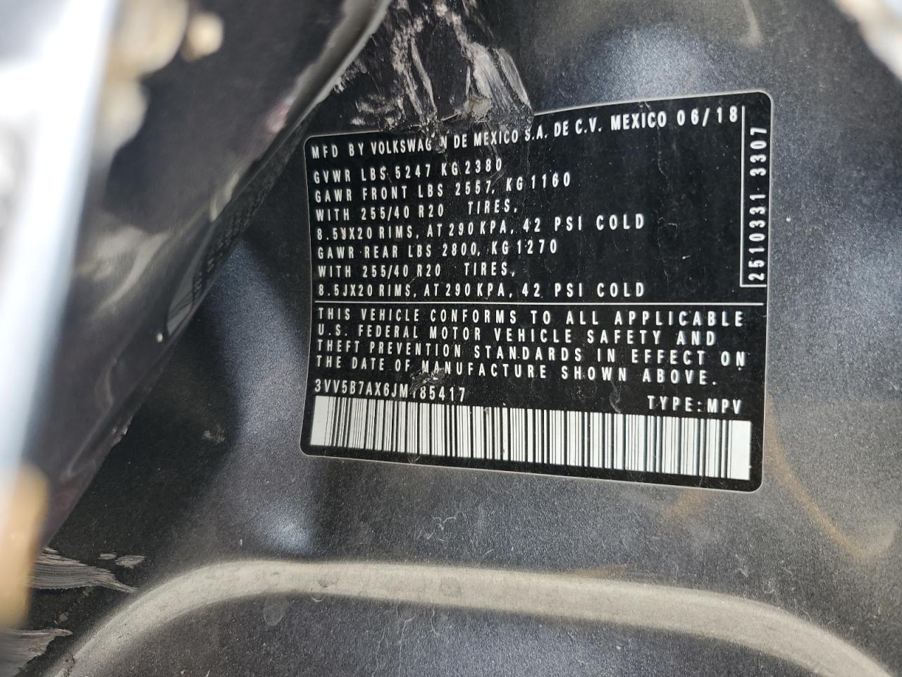 2018 Volkswagen Tiguan Sel Premium VIN: 3VV5B7AX6JM185417 Lot: 82032505