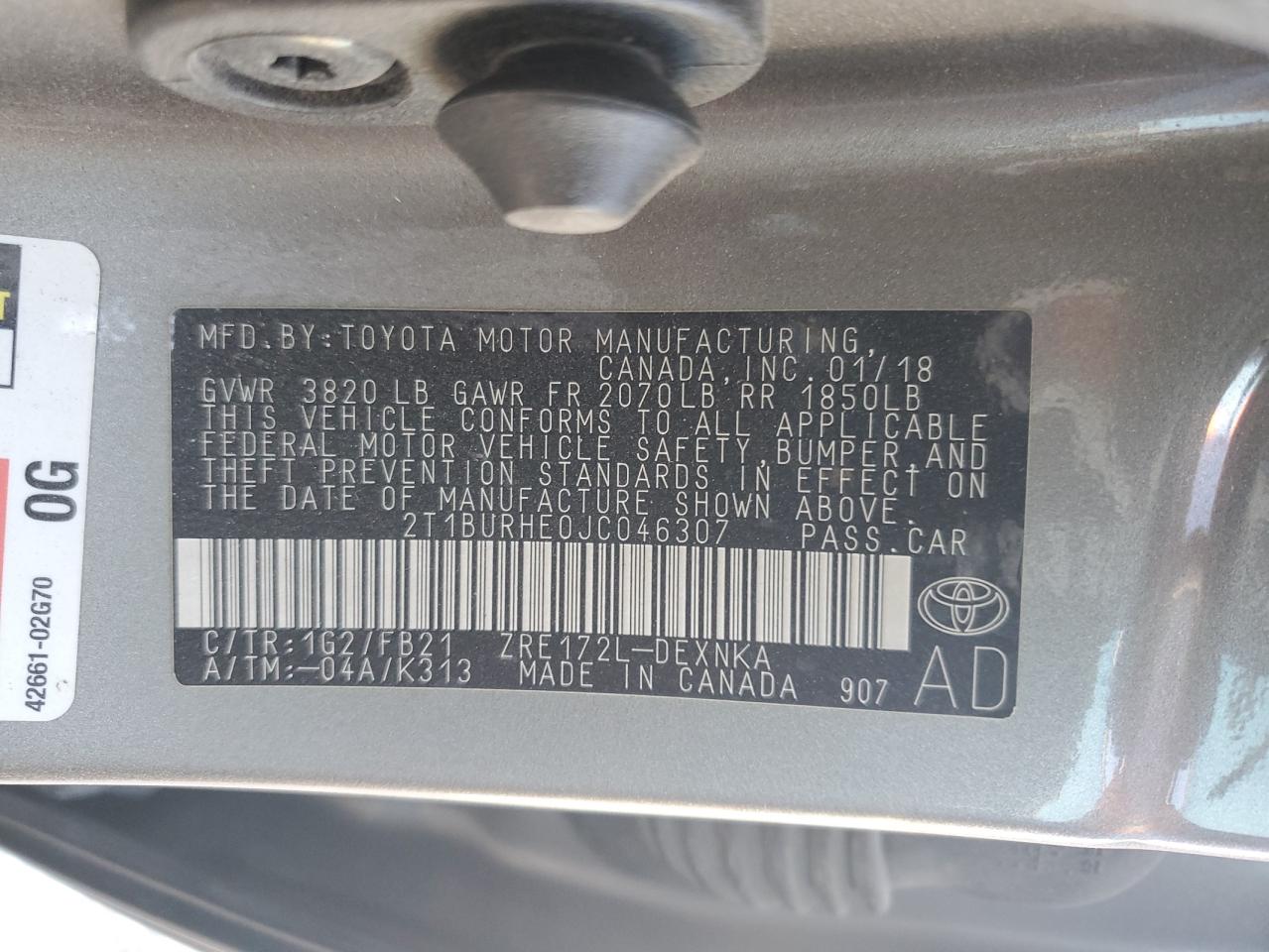 2018 Toyota Corolla L VIN: 2T1BURHE0JC046307 Lot: 80207055