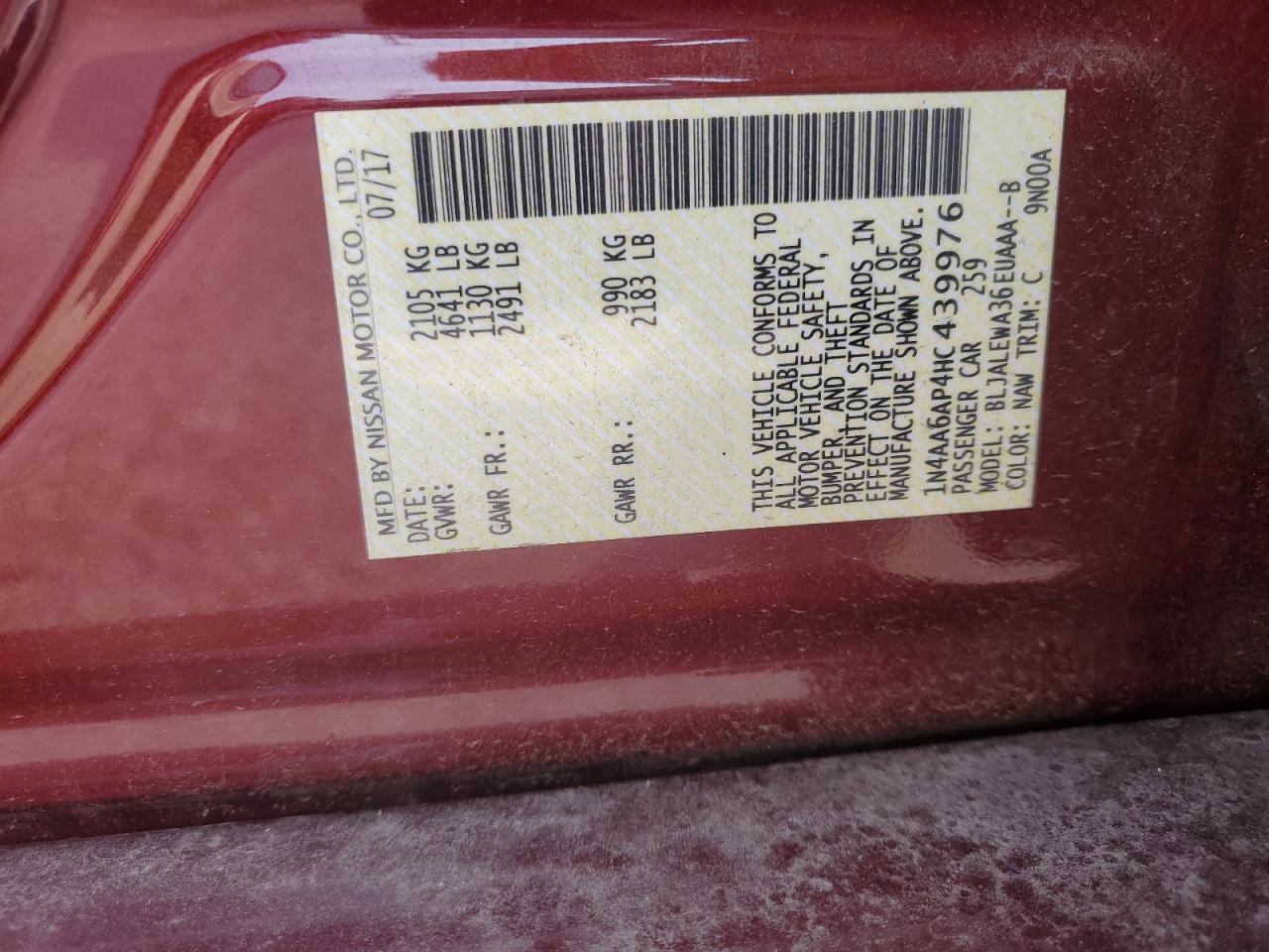 2017 Nissan Maxima 3.5S VIN: 1N4AA6AP4HC439976 Lot: 80292145