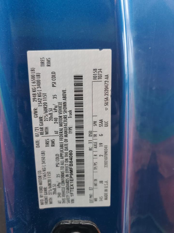 2021 Ford F150 Super Cab VIN: 1FTEX1EP9MFB84080 Lot: 81198735