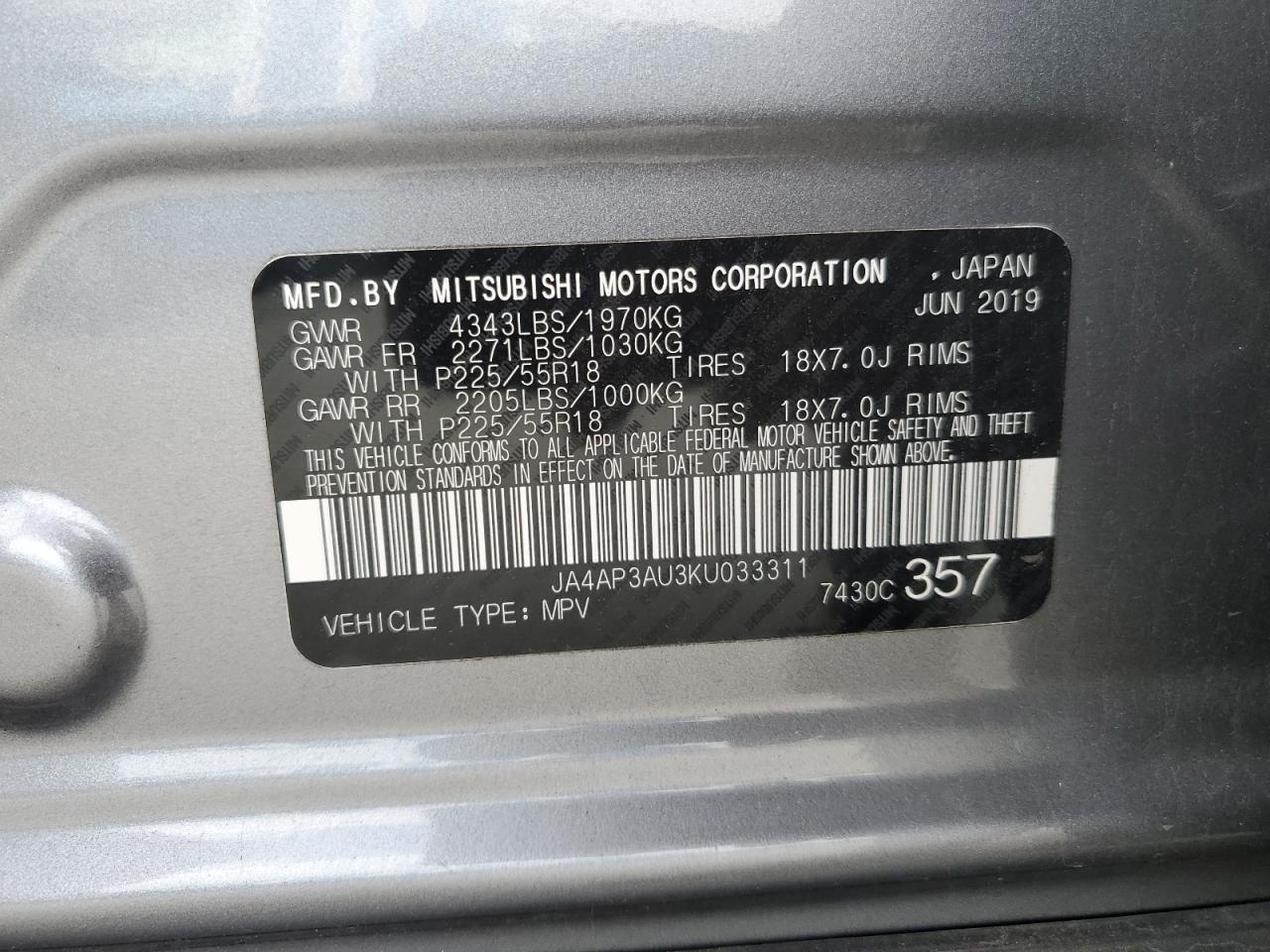2019 Mitsubishi Outlander Sport Es VIN: JA4AP3AU3KU033311 Lot: 84254715