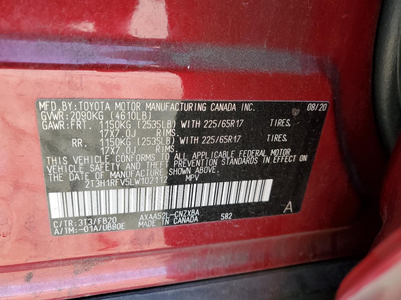 2020 Toyota Rav4 Le VIN: 2T3H1RFV5LW102112 Lot: 81441825