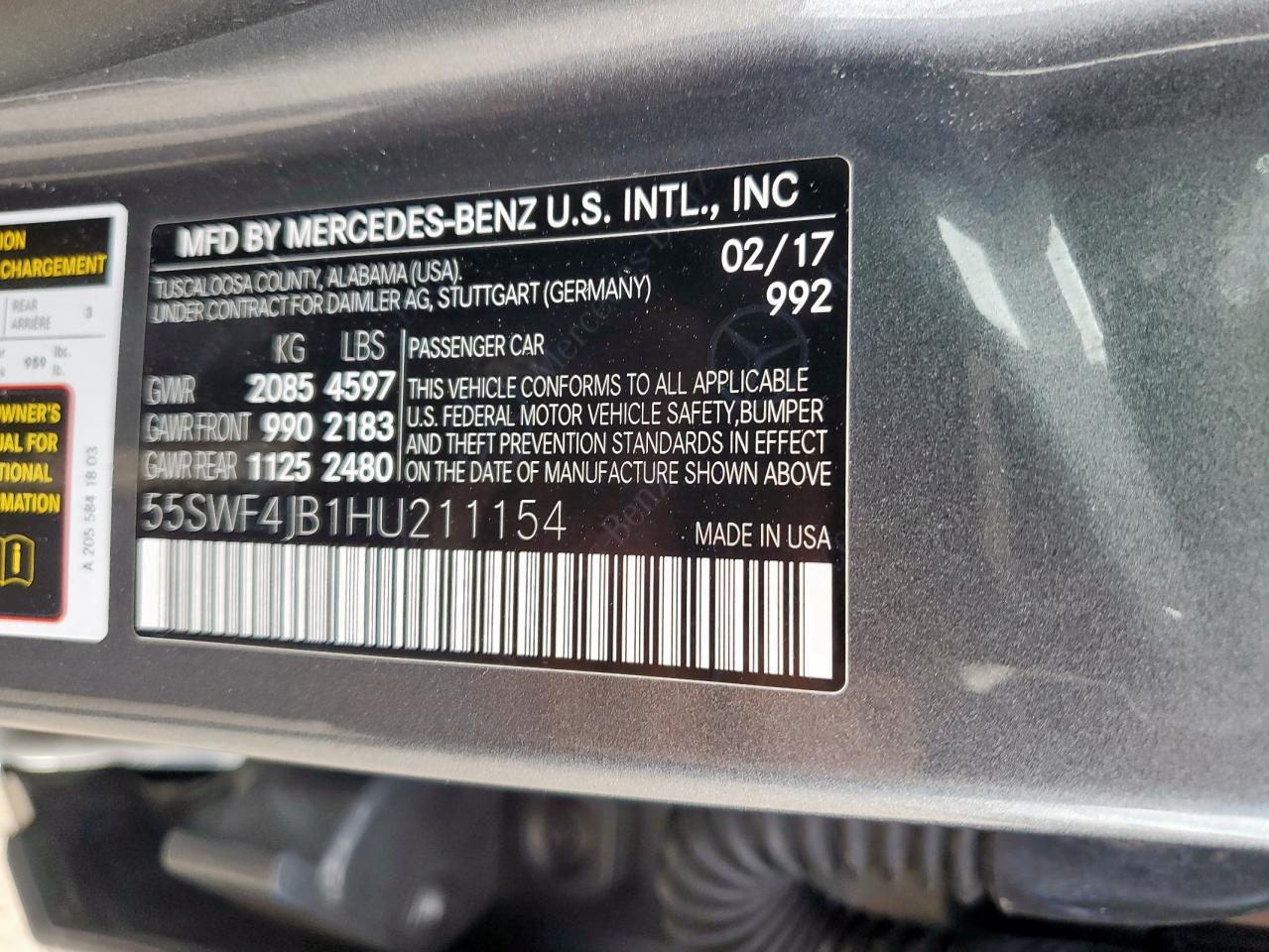 2017 Mercedes-Benz C 300 VIN: 55SWF4JB1HU211154 Lot: 81641365