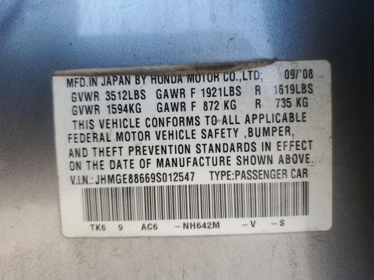 2009 Honda Fit Sport VIN: JHMGE88669S012547 Lot: 81271575