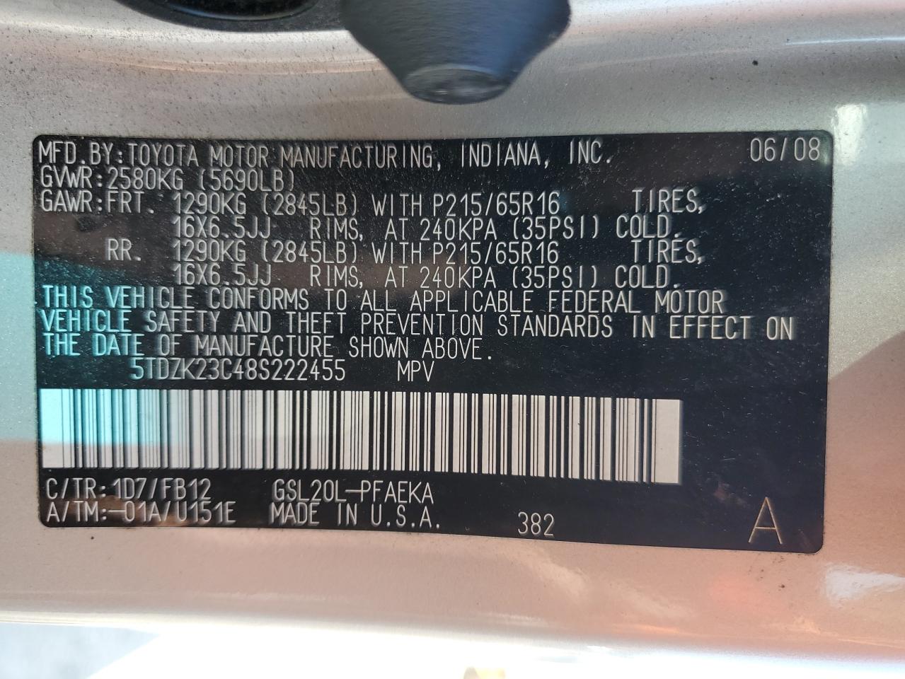 2008 Toyota Sienna Ce VIN: 5TDZK23C48S222455 Lot: 71965025