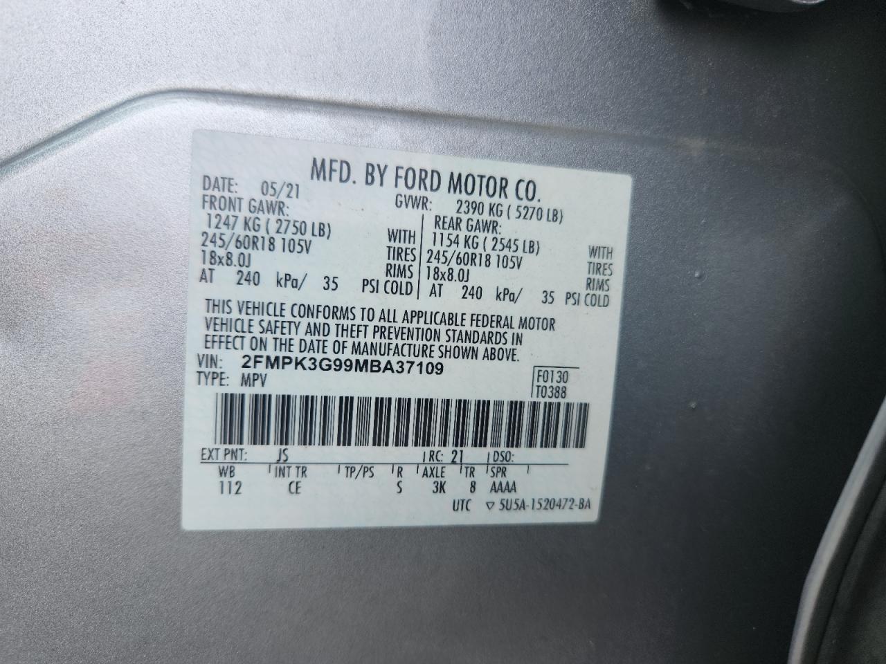 2021 Ford Edge Se VIN: 2FMPK3G99MBA37109 Lot: 84421305