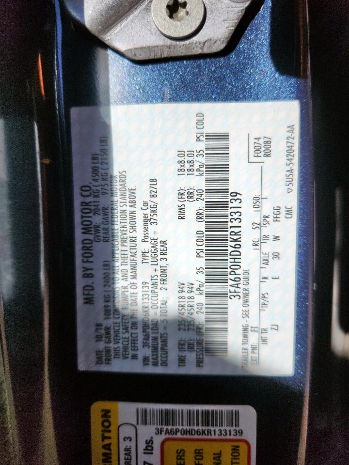 2019 Ford Fusion Se VIN: 3FA6P0HD6KR133139 Lot: 84000265