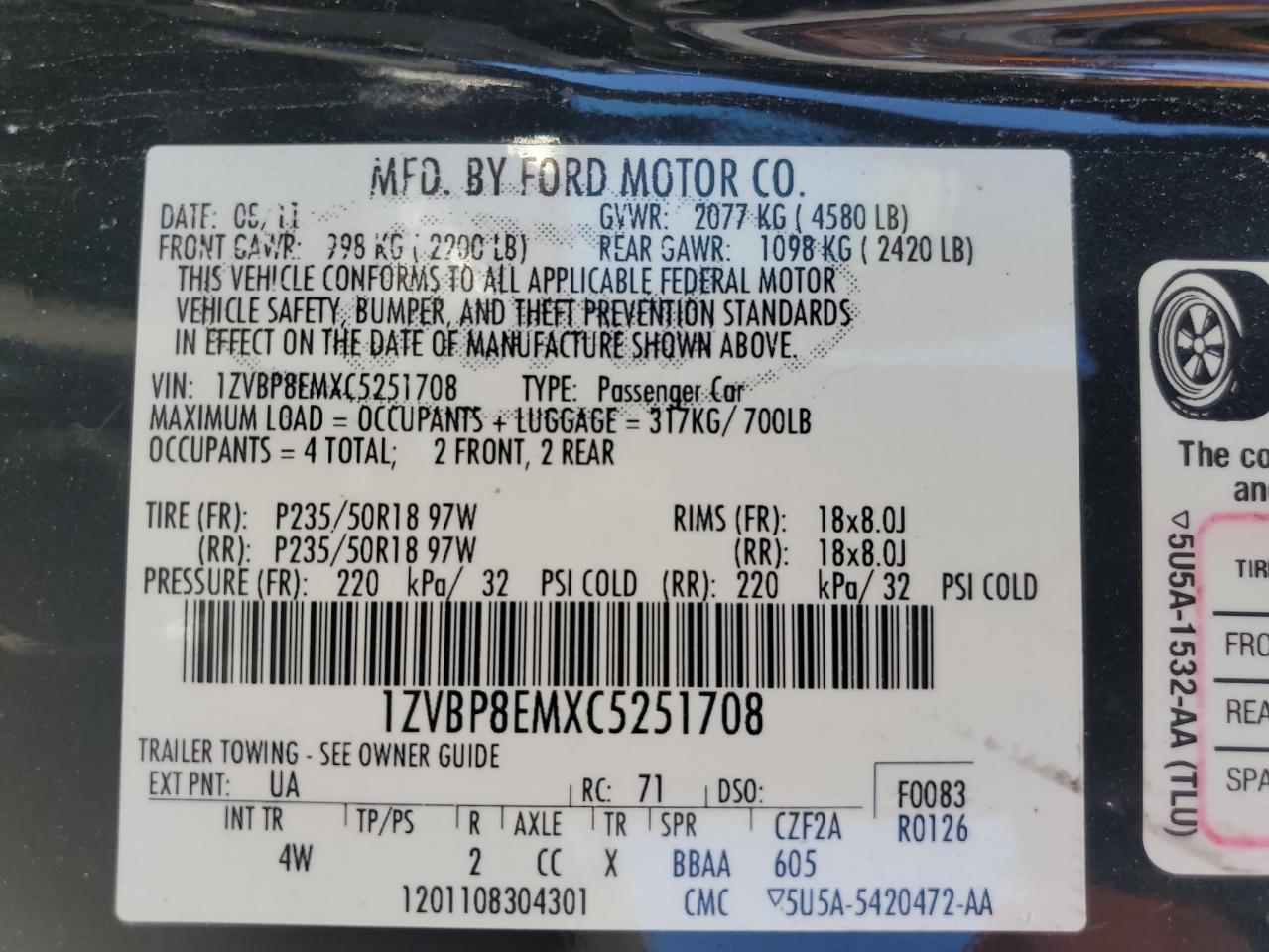 2012 Ford Mustang VIN: 1ZVBP8EMXC5251708 Lot: 72099835