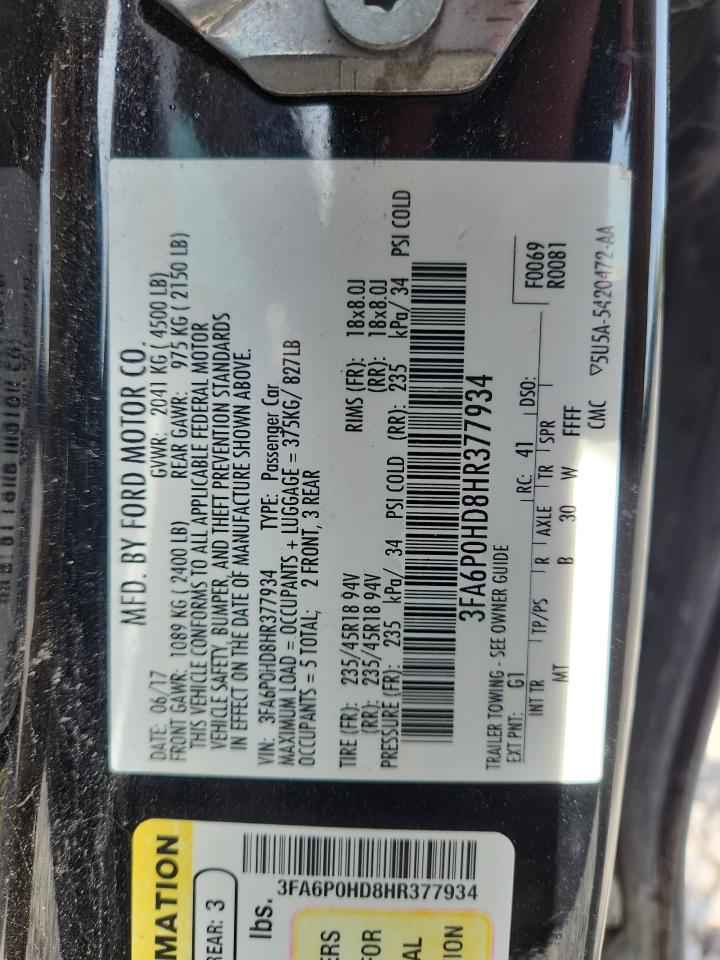 2017 Ford Fusion Se VIN: 3FA6P0HD8HR377934 Lot: 71538505