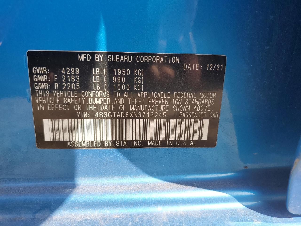 2022 Subaru Impreza Premium VIN: 4S3GTAD6XN3713245 Lot: 82159035