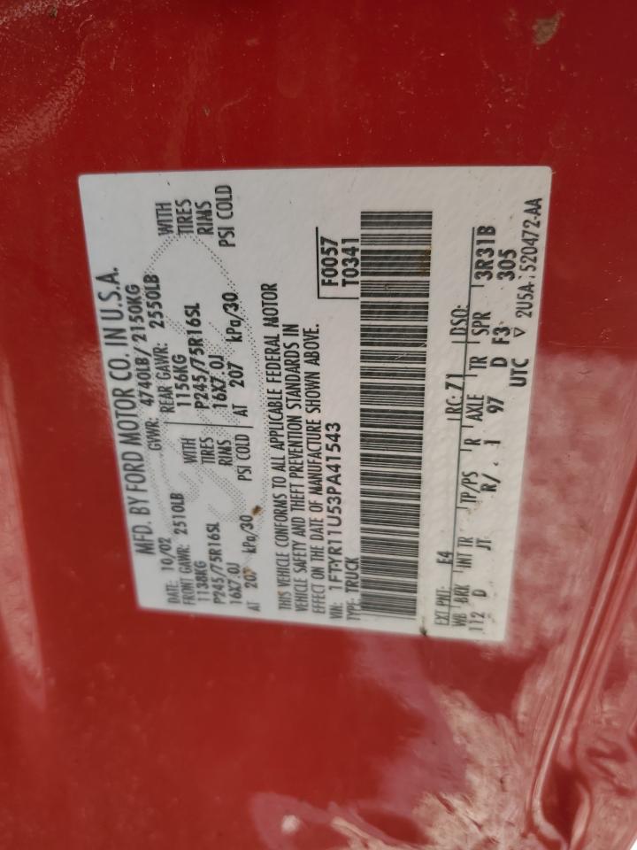 2003 Ford Ranger VIN: 1FTYR11U53PA41543 Lot: 83769255