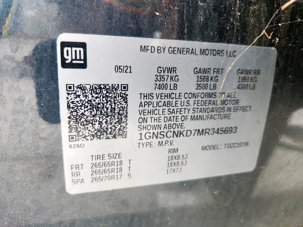 2021 Chevrolet Tahoe C1500 Lt VIN: 1GNSCNKD7MR345693 Lot: 84017135