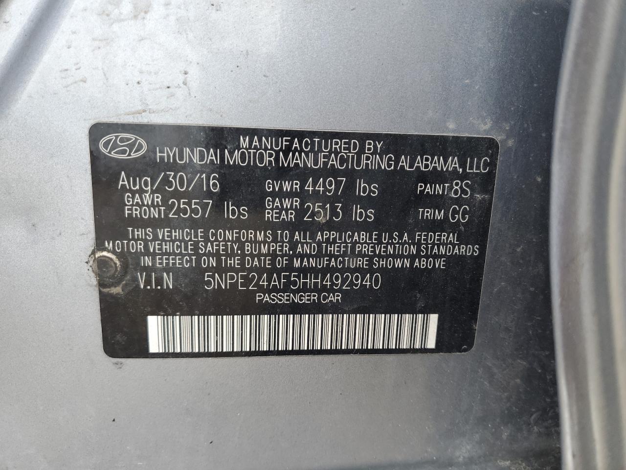 2017 Hyundai Sonata Se VIN: 5NPE24AF5HH492940 Lot: 71864255