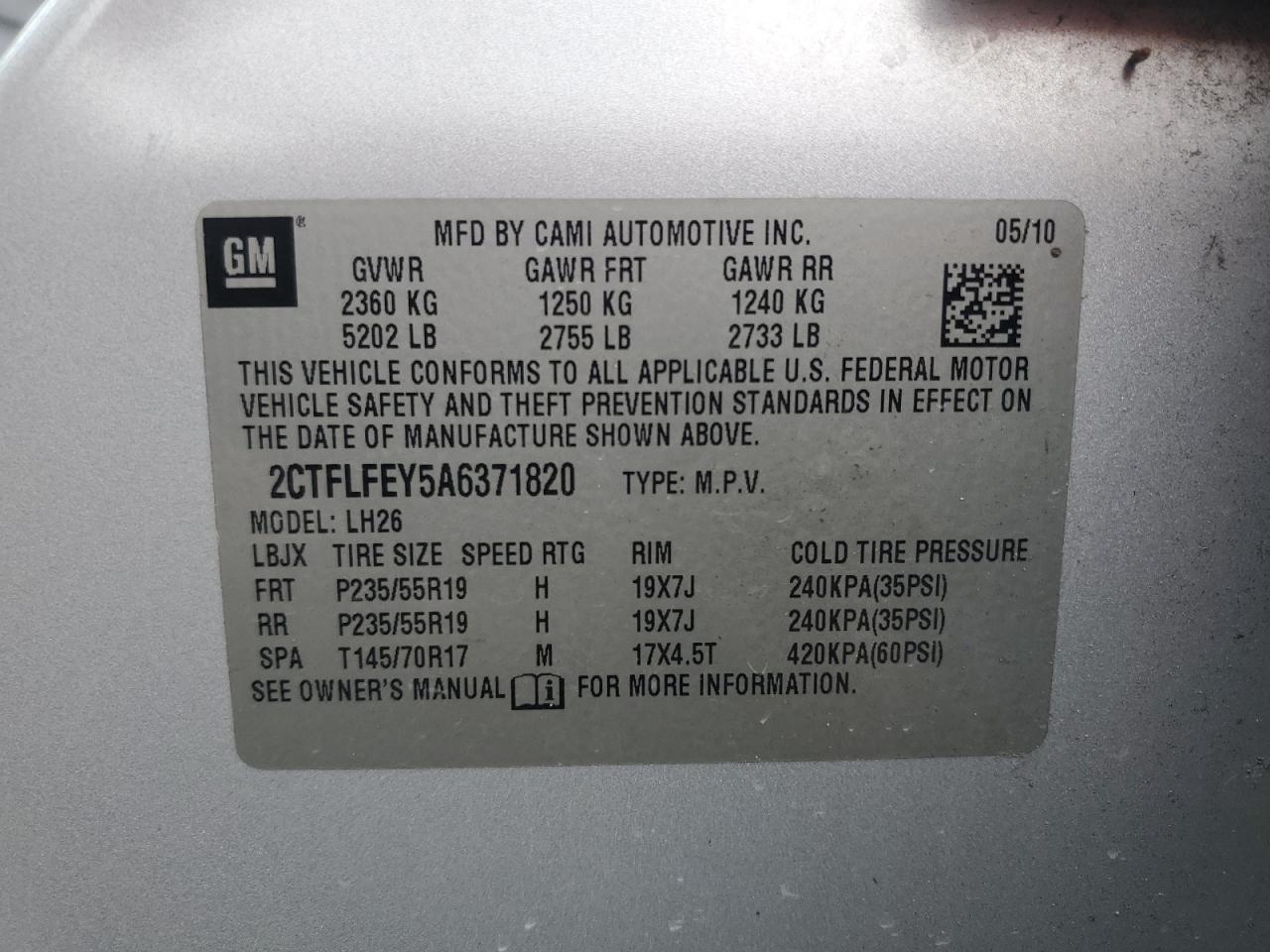 2010 GMC Terrain Slt VIN: 2CTFLFEY5A6371820 Lot: 71504255