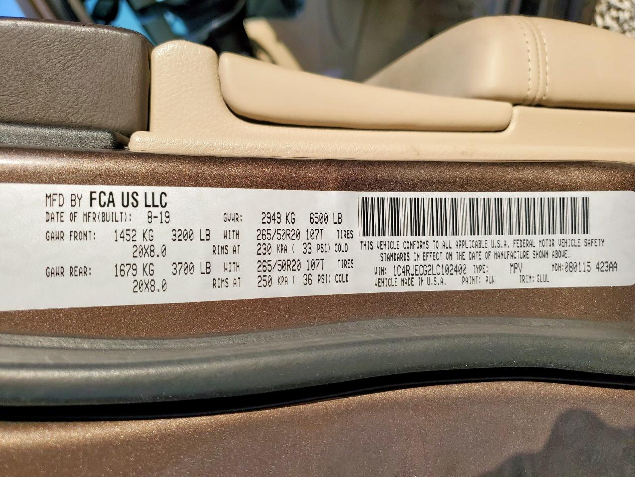 2020 Jeep Grand Cherokee Overland VIN: 1C4RJECG2LC102400 Lot: 84298545