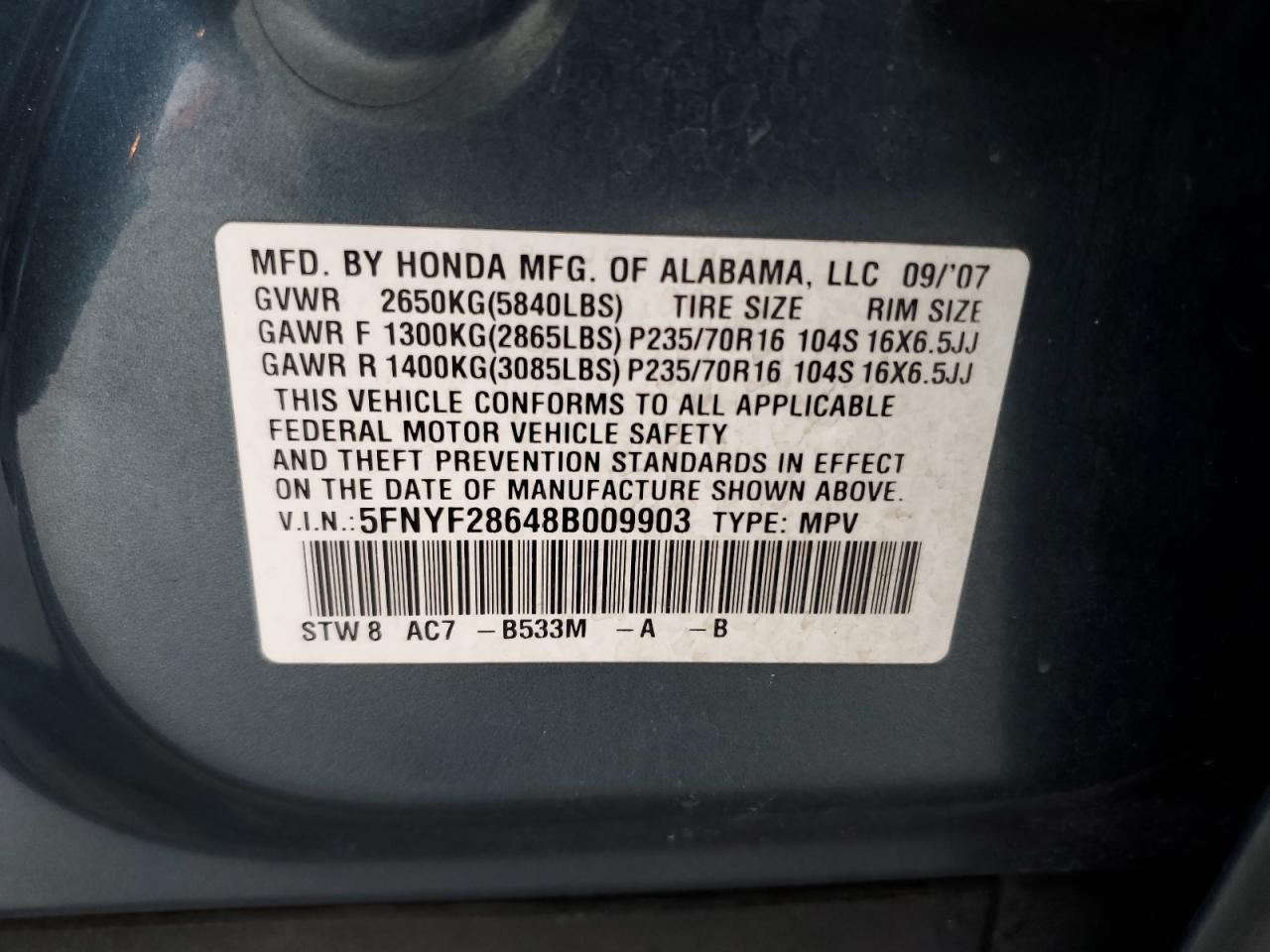 2008 Honda Pilot Exl VIN: 5FNYF28648B009903 Lot: 84298285