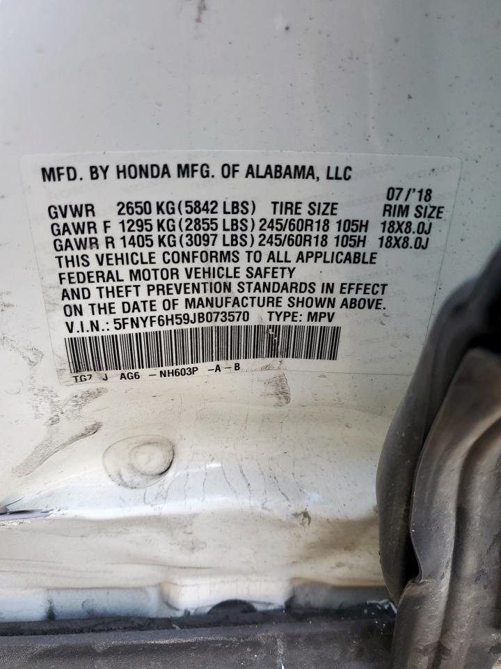 2018 Honda Pilot Exl VIN: 5FNYF6H59JB073570 Lot: 72086965