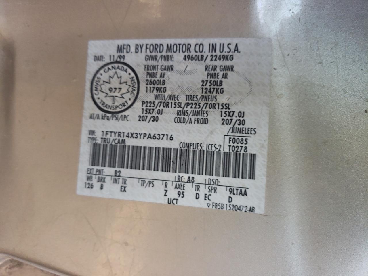 2000 Ford Ranger Super Cab VIN: 1FTYR14X3YPA63716 Lot: 80617925