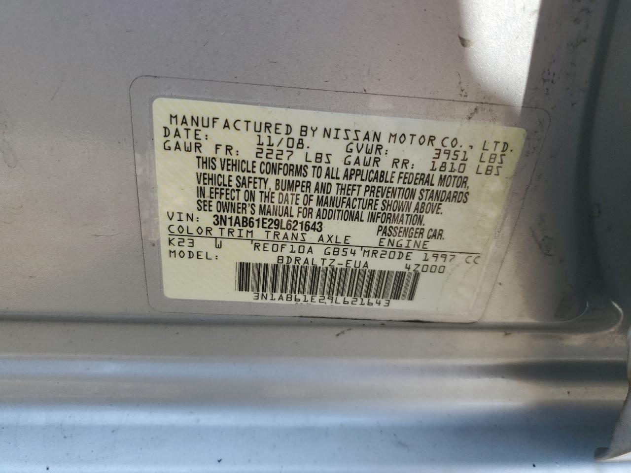 2009 Nissan Sentra 2.0 VIN: 3N1AB61E29L621643 Lot: 80882065