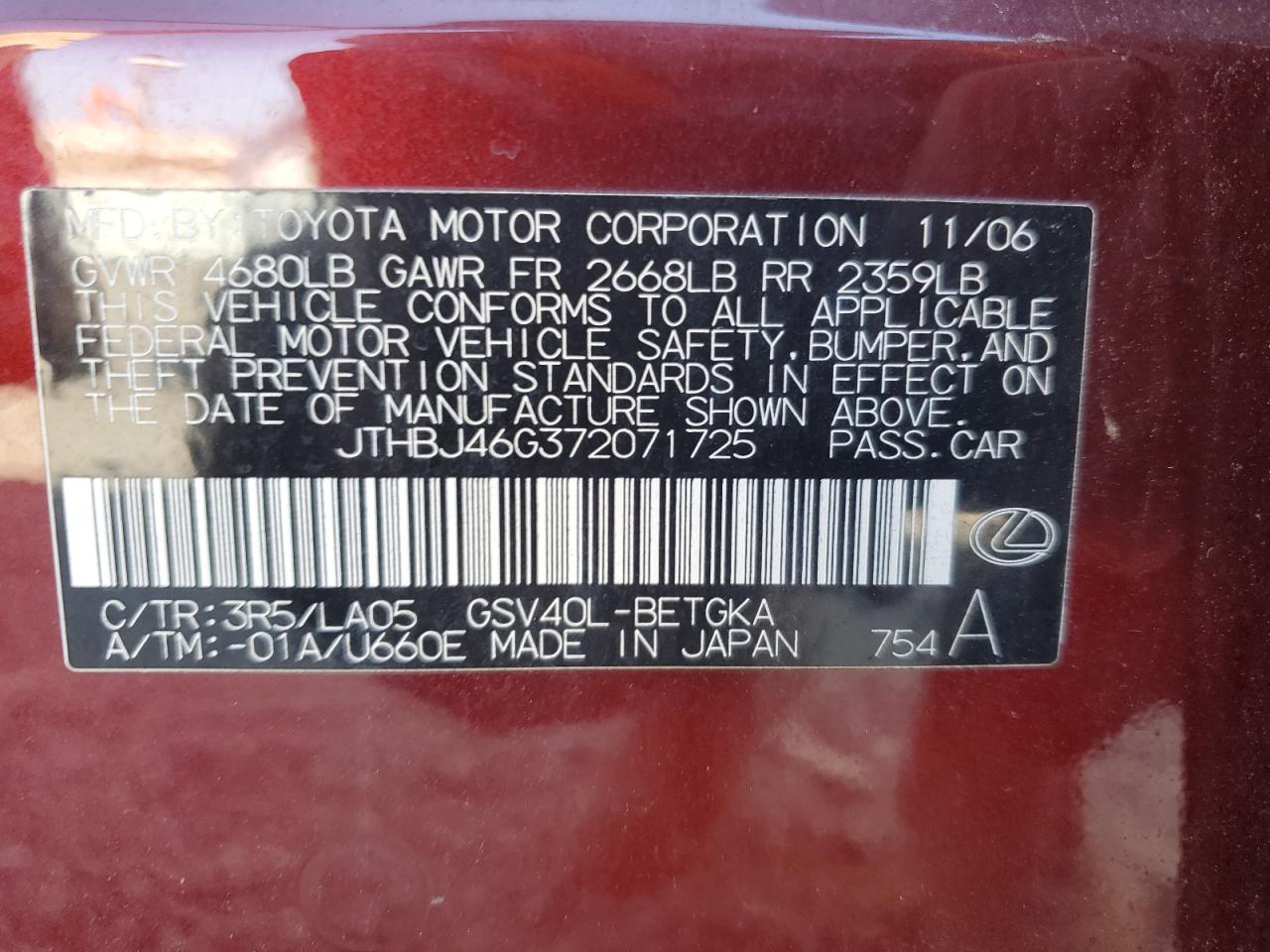 2007 Lexus Es 350 VIN: JTHBJ46G372071725 Lot: 71319615