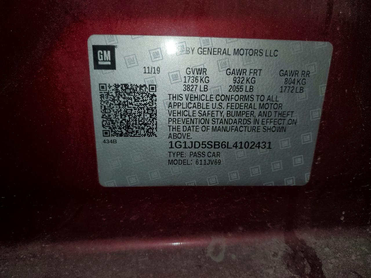 2020 Chevrolet Sonic Lt VIN: 1G1JD5SB6L4102431 Lot: 71084955