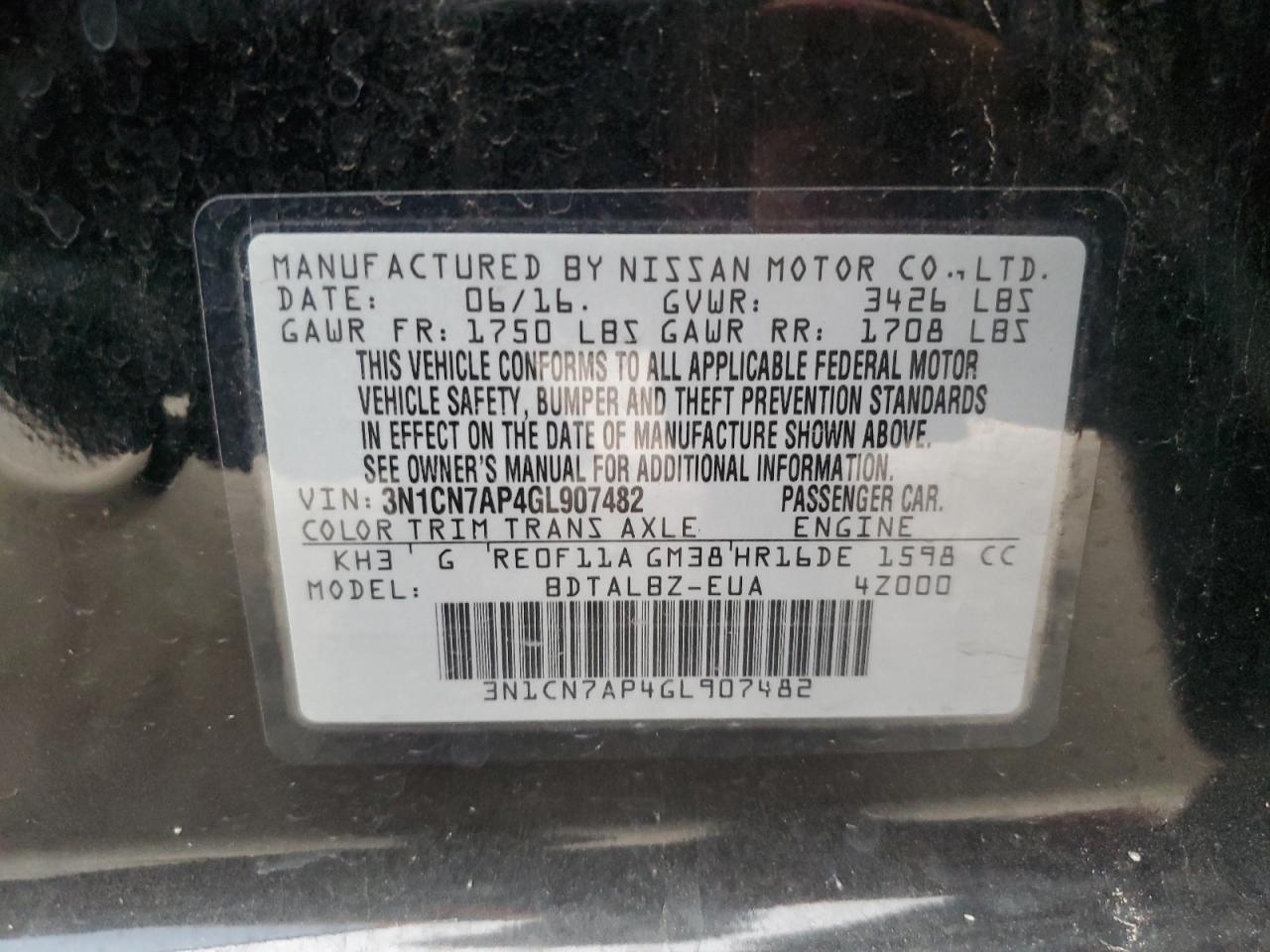 2016 Nissan Versa S VIN: 3N1CN7AP4GL907482 Lot: 81911045