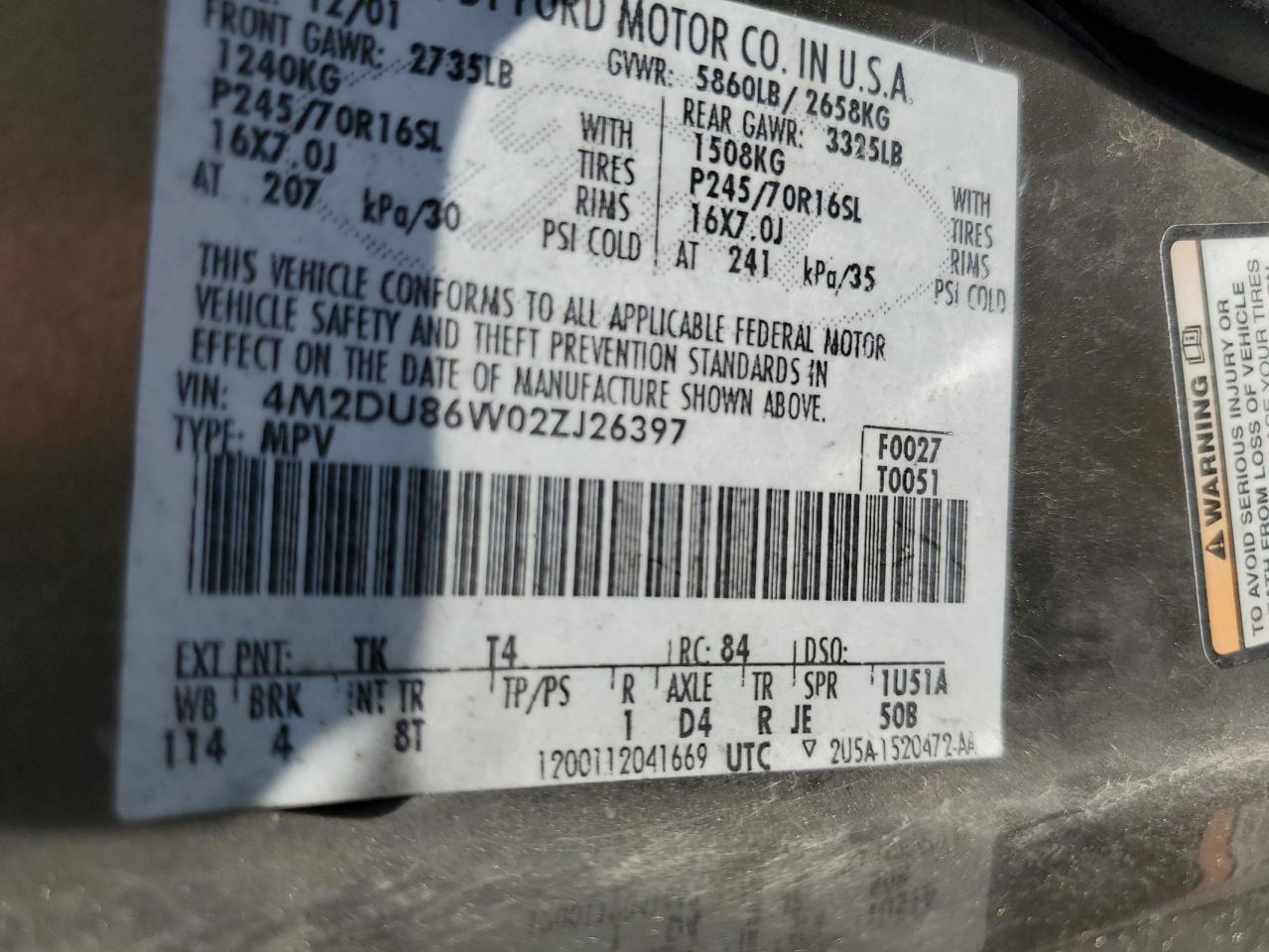 2002 Mercury Mountaineer VIN: 4M2DU86W02ZJ26397 Lot: 80364285