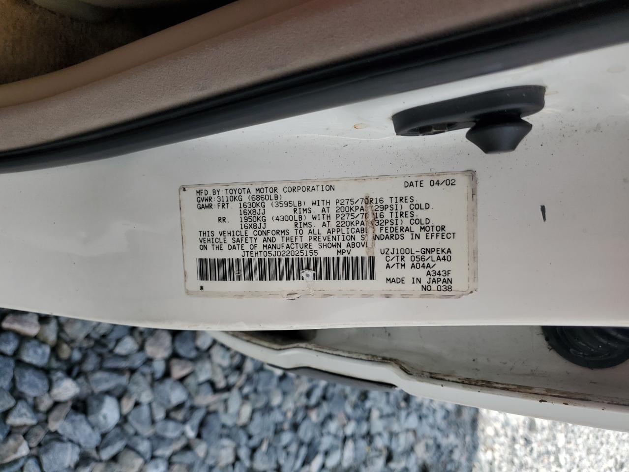 2002 Toyota Land Cruiser VIN: JTEHT05J022025155 Lot: 70815345