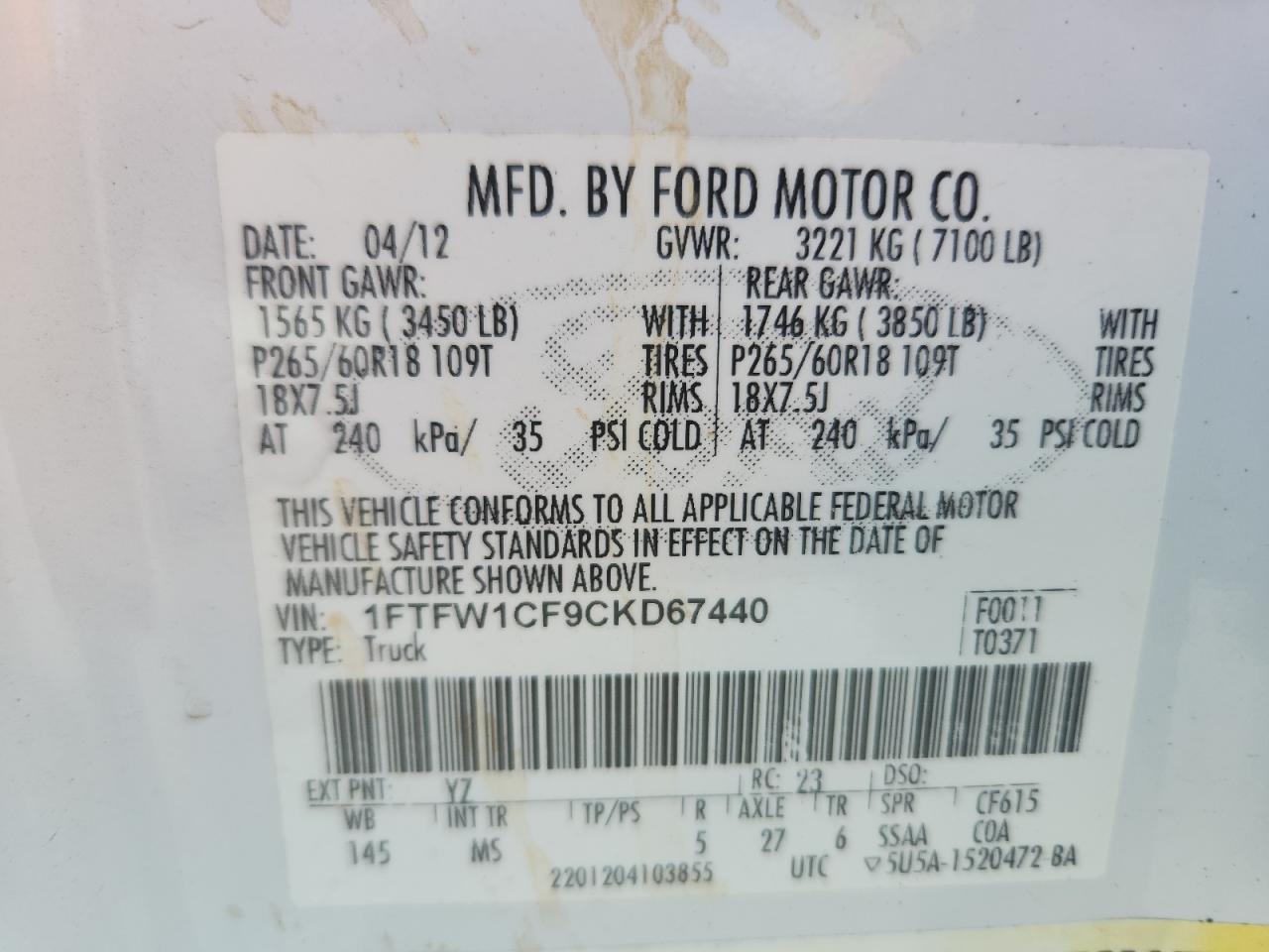 2012 Ford F150 Supercrew VIN: 1FTFW1CF9CKD67440 Lot: 81145625