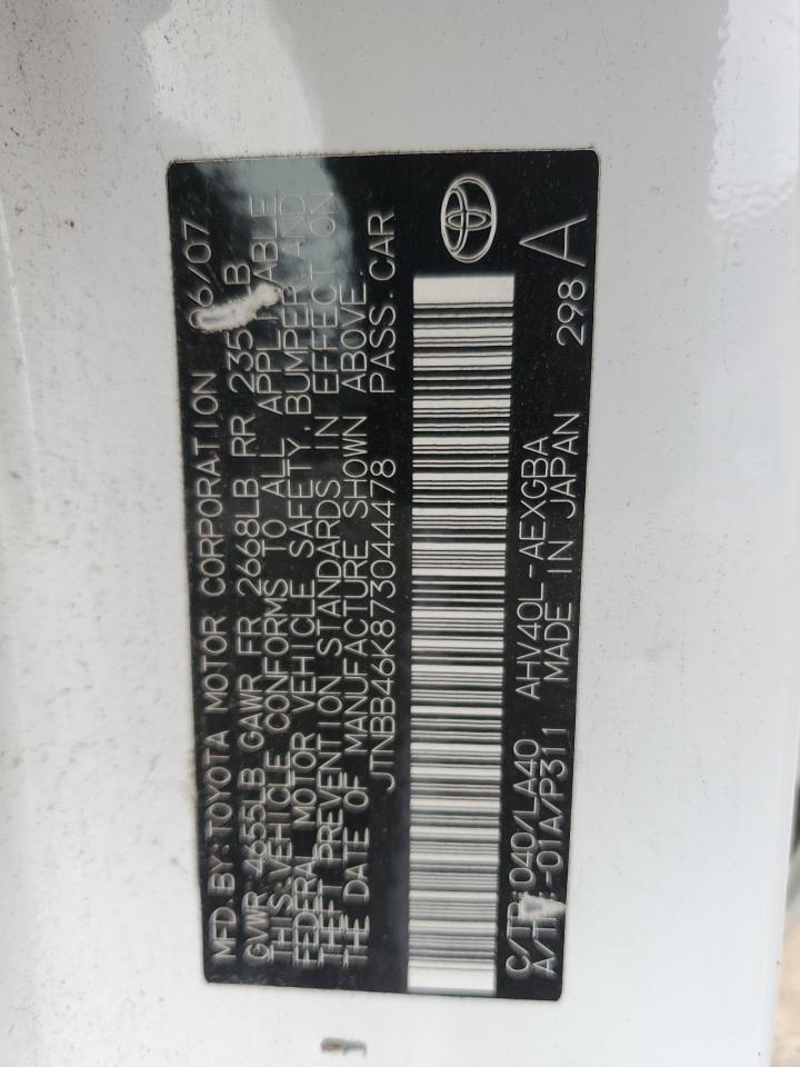 2007 Toyota Camry Hybrid VIN: JTNBB46K873044478 Lot: 80188035