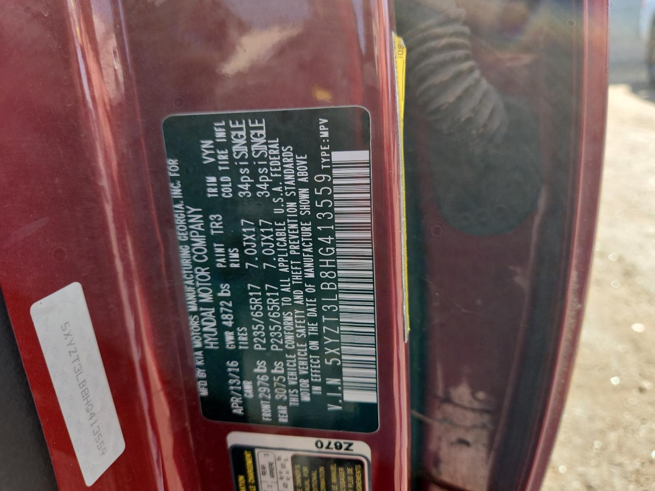 2017 Hyundai Santa Fe Sport VIN: 5XYZT3LB8HG413559 Lot: 80363655