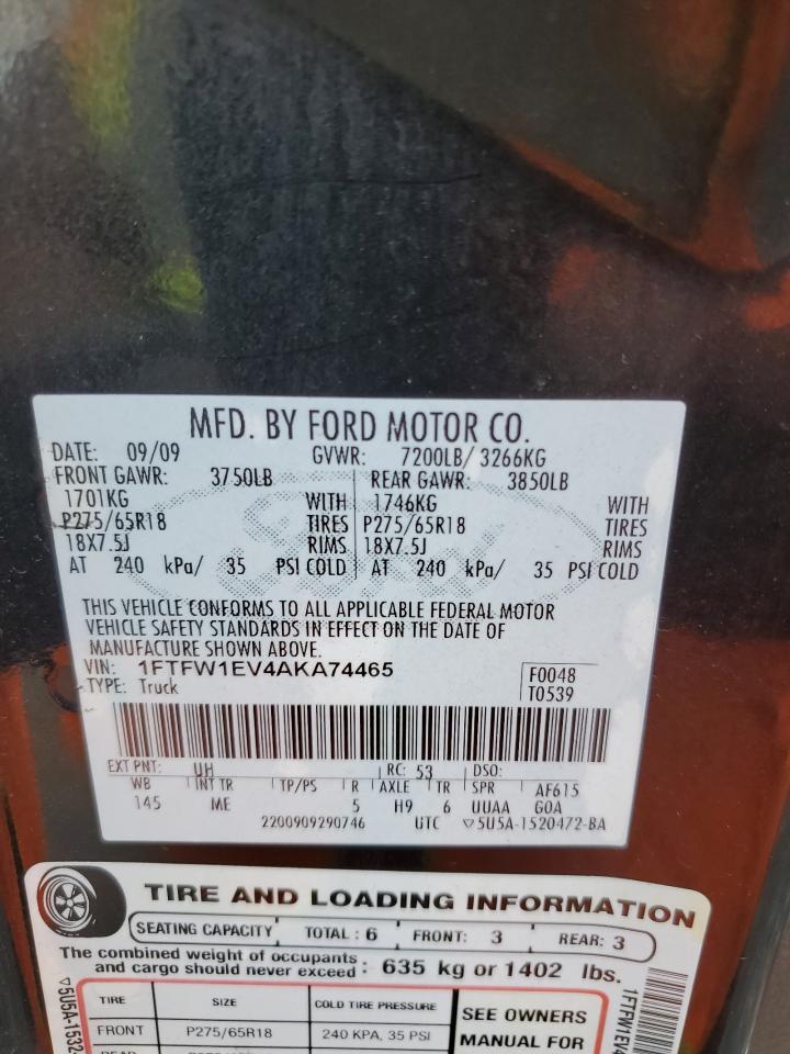 2010 Ford F150 Supercrew VIN: 1FTFW1EV4AKA74465 Lot: 82052675