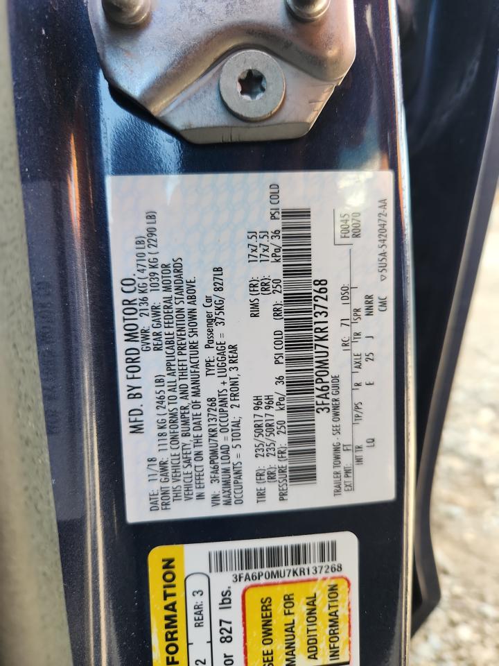 2019 Ford Fusion Sel VIN: 3FA6P0MU7KR137268 Lot: 82085865