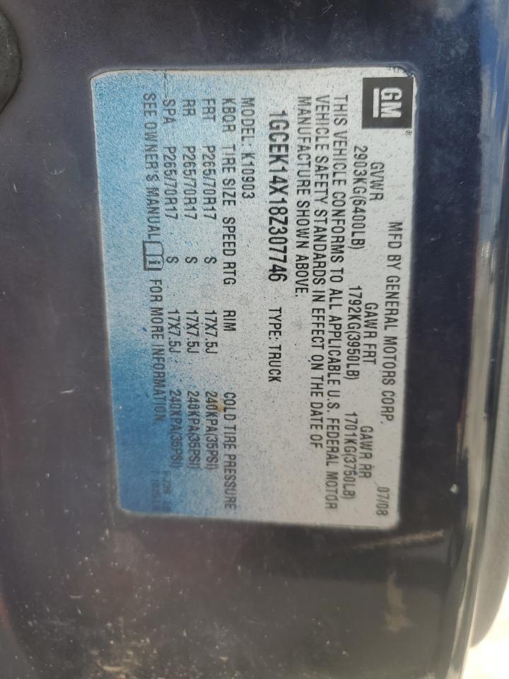 2008 Chevrolet Silverado K1500 VIN: 1GCEK14X18Z307746 Lot: 84043955