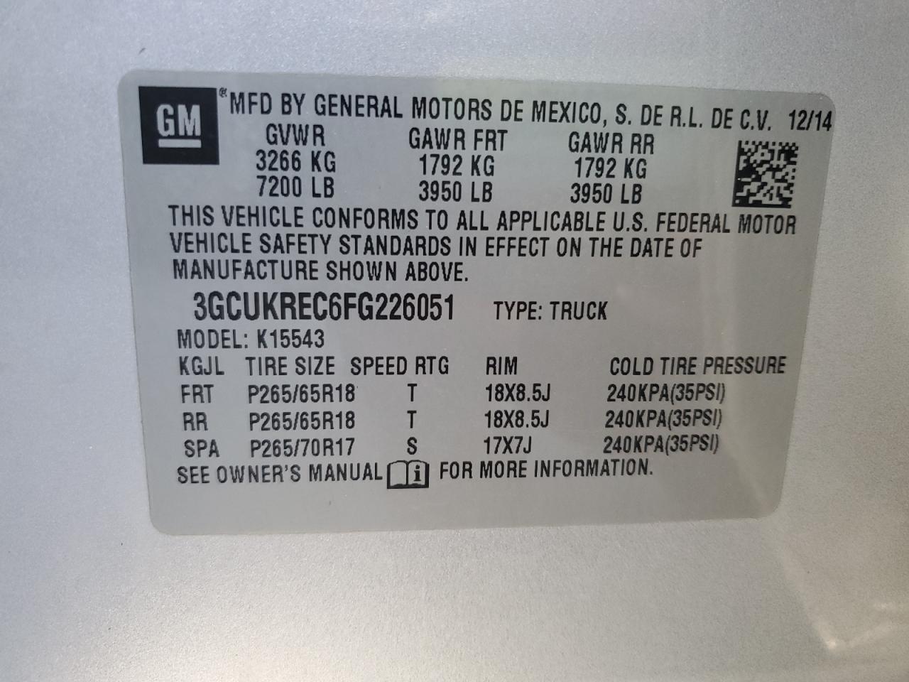 2015 Chevrolet Silverado K1500 Lt VIN: 3GCUKREC6FG226051 Lot: 81515135